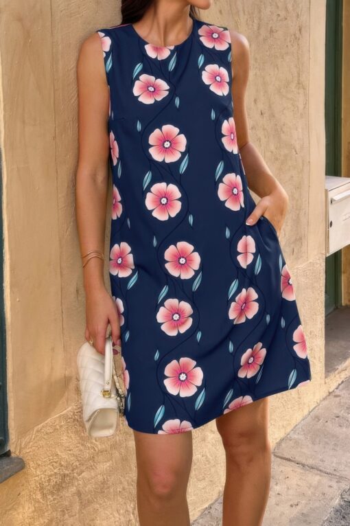 Round Neck Floral Print Sleeveless Loose Dress - Image 2