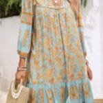 Ruched Bohe Print V Neck Ruffle Hem Tassel Dress