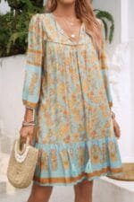 Ruched Bohe Print V Neck Ruffle Hem Tassel Dress