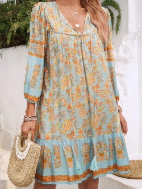 Ruched Bohe Print V Neck Ruffle Hem Tassel Dress