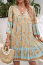 Ruched Bohe Print V Neck Ruffle Hem Tassel Dress