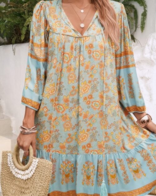 ruched bohe print v neck ruffle hem tassel dress