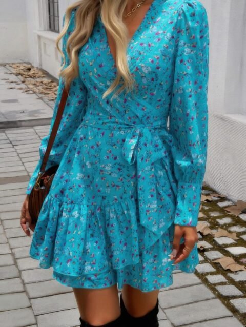 Ruffled Printed Surplice Long Sleeve Mini Dress