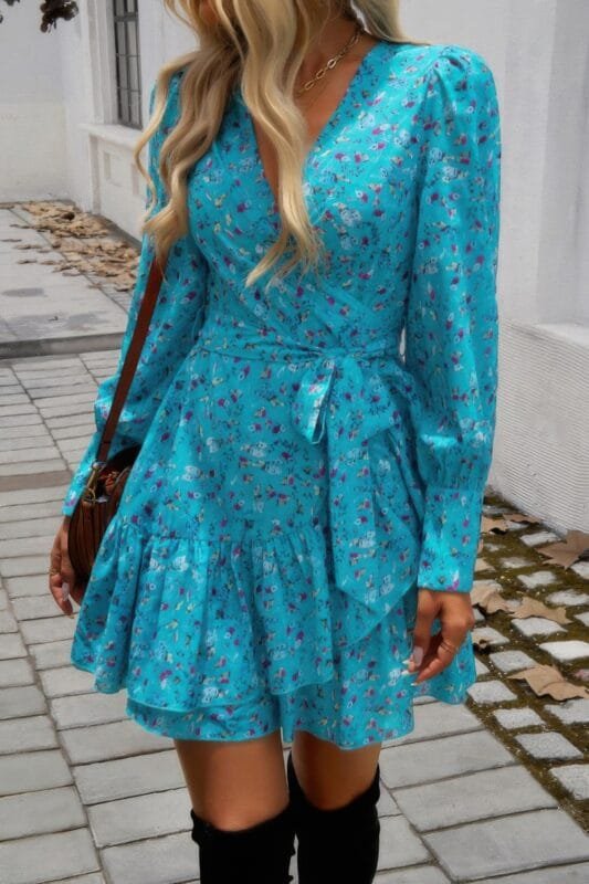 Ruffled Printed Surplice Long Sleeve Mini Dress