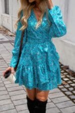 Ruffled Printed Surplice Long Sleeve Mini Dress