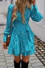 Ruffled Printed Surplice Long Sleeve Mini Dress