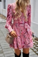 Ruffled Printed Surplice Long Sleeve Mini Dress