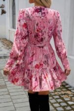 Ruffled Printed Surplice Long Sleeve Mini Dress