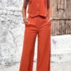 Two Piece Sleeveless Button V Neck Solid Sets
