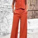 Two Piece Sleeveless Button V Neck Solid Sets