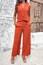 Two Piece Sleeveless Button V Neck Solid Sets