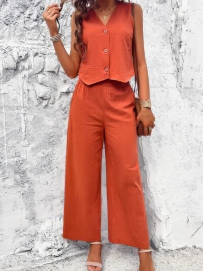 Two Piece Sleeveless Button V Neck Solid Sets Two Piece Sleeveless Button V Neck Solid Sets