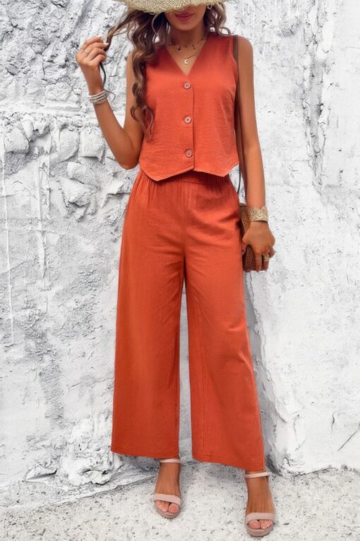 Two Piece Sleeveless Button V Neck Solid Sets - Image 2