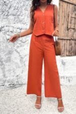 Two Piece Sleeveless Button V Neck Solid Sets