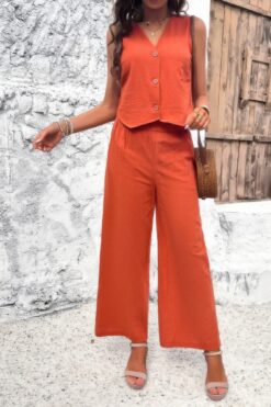 Two Piece Sleeveless Button V Neck Solid Sets