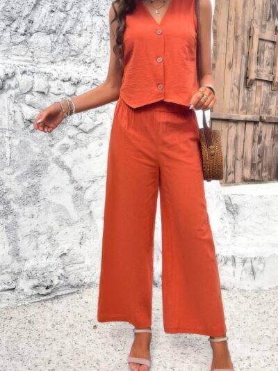 Two Piece Sleeveless Button V Neck Solid Sets Two Piece Sleeveless Button V Neck Solid Sets
