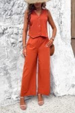 Two Piece Sleeveless Button V Neck Solid Sets