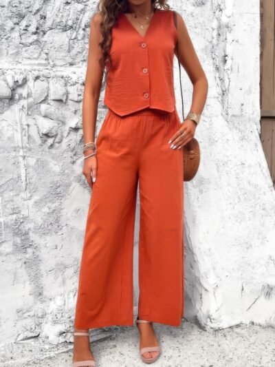 Two Piece Sleeveless Button V Neck Solid Sets Two Piece Sleeveless Button V Neck Solid Sets