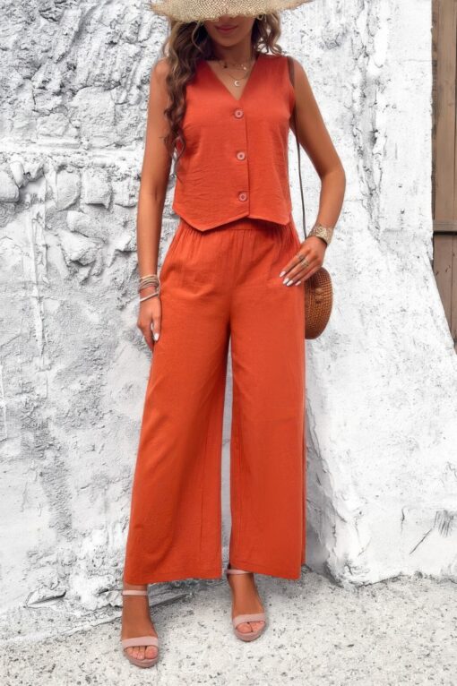 Two Piece Sleeveless Button V Neck Solid Sets - Image 4