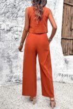 Two Piece Sleeveless Button V Neck Solid Sets