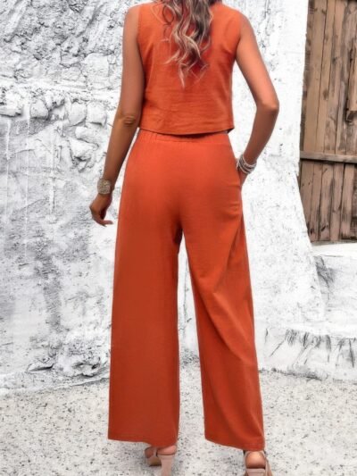 Two Piece Sleeveless Button V Neck Solid Sets Two Piece Sleeveless Button V Neck Solid Sets