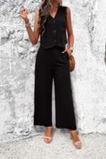 Two Piece Sleeveless Button V Neck Solid Sets