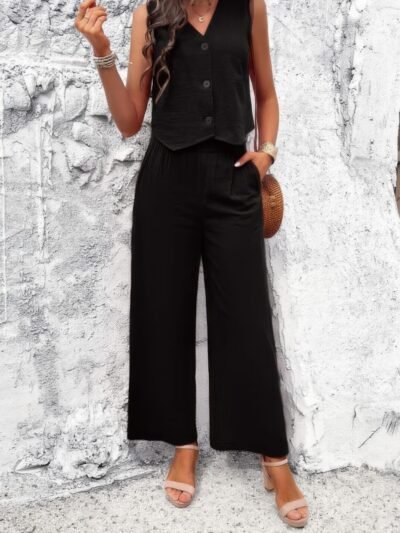 Two Piece Sleeveless Button V Neck Solid Sets Two Piece Sleeveless Button V Neck Solid Sets