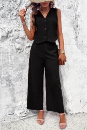 Two Piece Sleeveless Button V Neck Solid Sets Two Piece Sleeveless Button V Neck Solid Sets