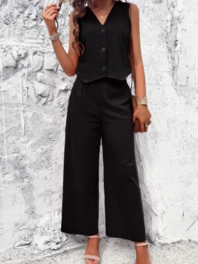 Two Piece Sleeveless Button V Neck Solid Sets Two Piece Sleeveless Button V Neck Solid Sets
