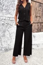 Two Piece Sleeveless Button V Neck Solid Sets