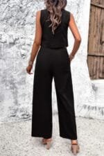 Two Piece Sleeveless Button V Neck Solid Sets