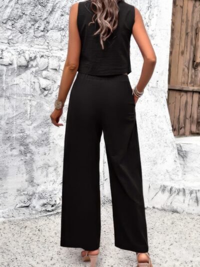 Two Piece Sleeveless Button V Neck Solid Sets Two Piece Sleeveless Button V Neck Solid Sets