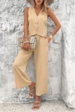 Two Piece Sleeveless Button V Neck Solid Sets