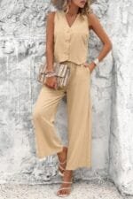 Two Piece Sleeveless Button V Neck Solid Sets