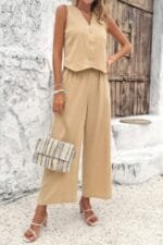 Two Piece Sleeveless Button V Neck Solid Sets