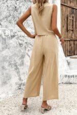 Two Piece Sleeveless Button V Neck Solid Sets