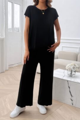 Two Pieces Short Sleeve Outfit Pullover Wide Leg Set