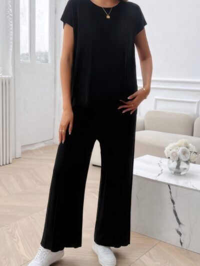 Two Pieces Short Sleeve Outfit Pullover Wide Leg Set