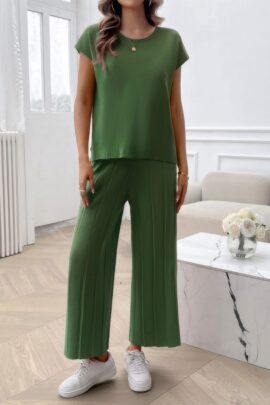 Two Pieces Short Sleeve Outfit Pullover Wide Leg Set Two Pieces Short Sleeve Outfit Pullover Wide Leg Set