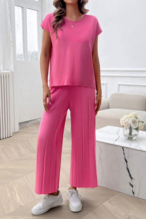 Two Pieces Short Sleeve Outfit Pullover Wide Leg Set - Image 3