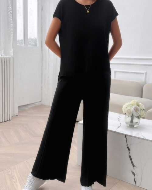 two pieces short sleeve outfit pullover wide leg set