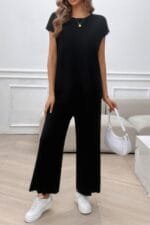 Two Pieces Short Sleeve Outfit Pullover Wide Leg Set