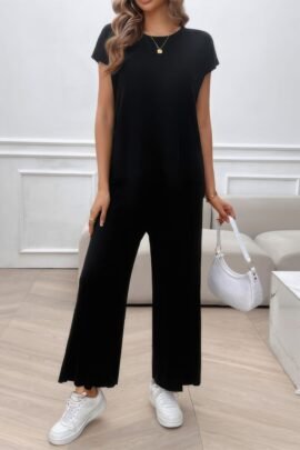 Two Pieces Short Sleeve Outfit Pullover Wide Leg Set Two Pieces Short Sleeve Outfit Pullover Wide Leg Set