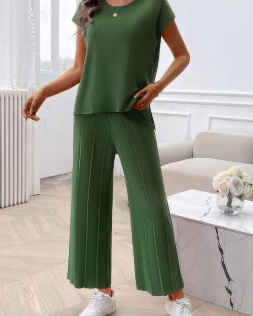 two pieces short sleeve outfit pullover wide leg set