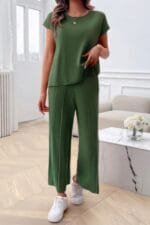 Two Pieces Short Sleeve Outfit Pullover Wide Leg Set
