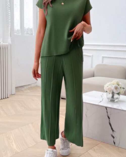two pieces short sleeve outfit pullover wide leg set