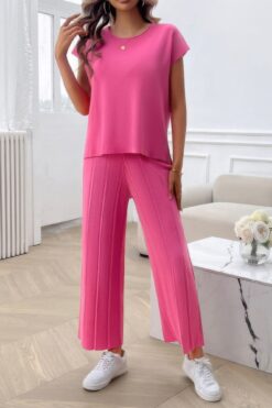 Two Pieces Short Sleeve Outfit Pullover Wide Leg Set