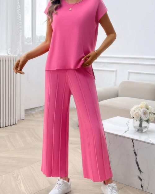 two pieces short sleeve outfit pullover wide leg set