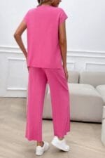 Two Pieces Short Sleeve Outfit Pullover Wide Leg Set
