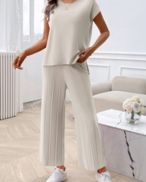 two pieces short sleeve outfit pullover wide leg set